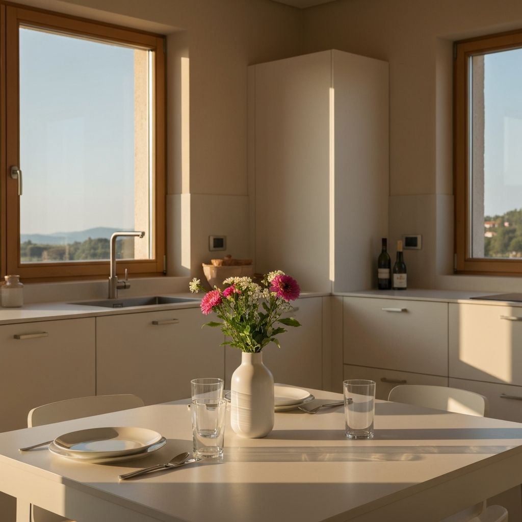 Cucina luminosa al mattino con tavola apparecchiata